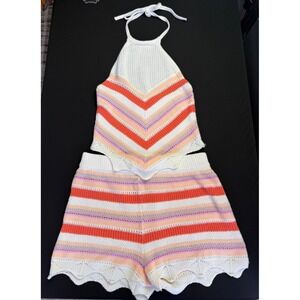 Pink Rose Crochet Knit Halter‎ Top Short Shorts Set Small Festival Boho Coquette